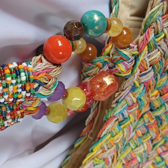 Cappelli Beach Tote, multicolor straw strands, braided, beaded handles 18x9x6 - Picture 2 of 7